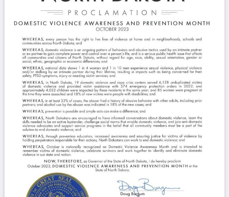 October Declared as Domestic Violence Awareness & Prevention Month in North Dakota